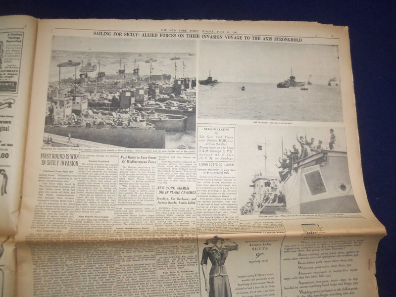 1943 JULY 11 NEW YORK TIMES -ALLIES ADVANCE ON 100-MILE FRONT IN SICILY- NP 6543