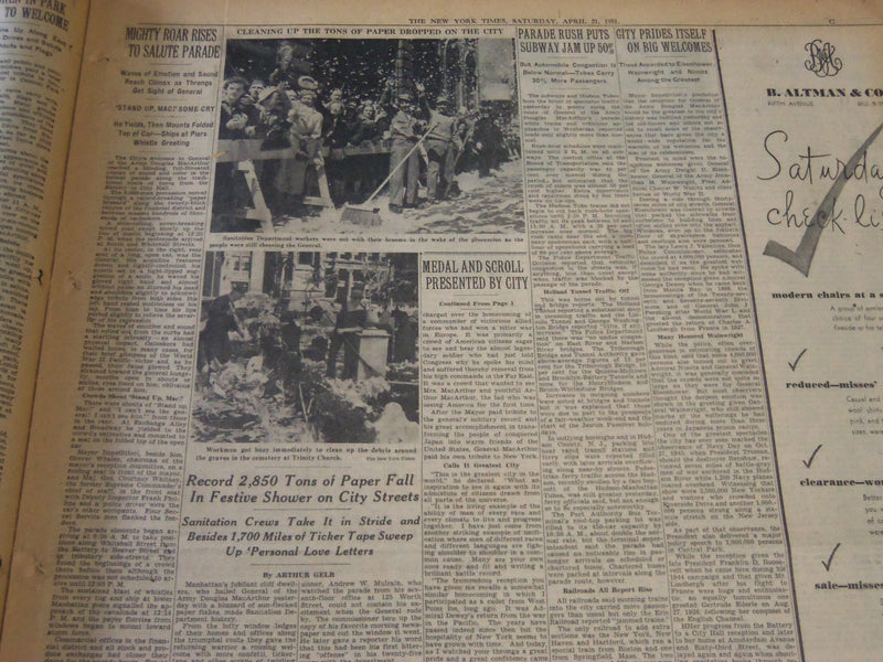 1951 APRIL 21 NEW YORK TIMES - MILLIONS GIVE RECORD WELCOME TO M'ARTHUR- NT 5844