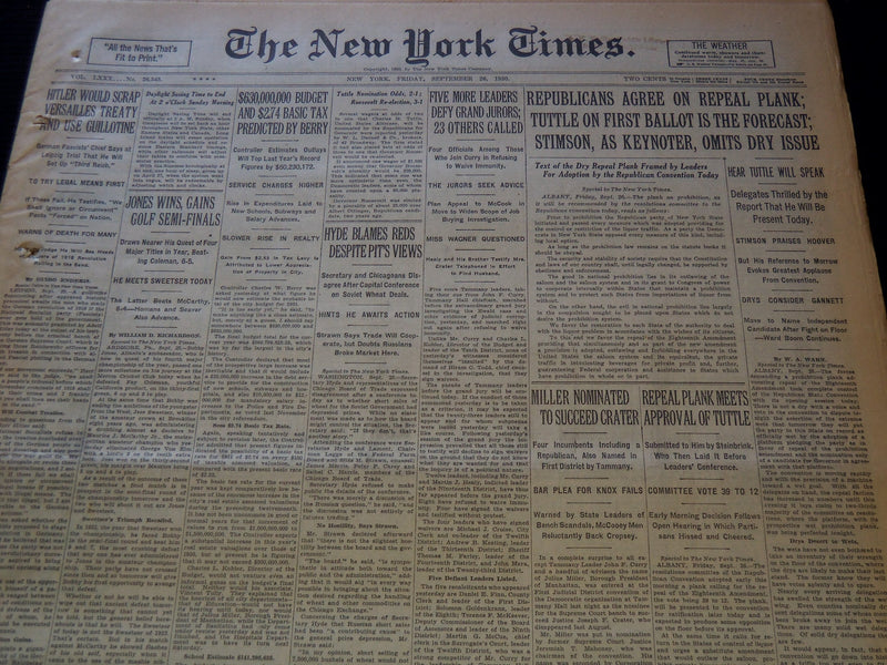 1930 SEPTEMBER 26 NEW YORK TIMES NEWSPAPER - JONES WINS GAINS GOLF - NT 9432