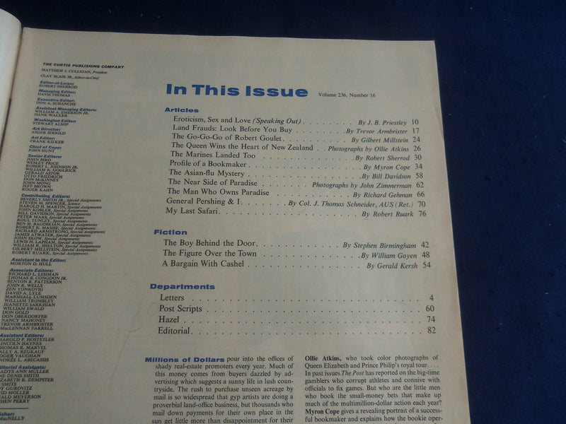 1963 APRIL 27 THE SATURDAY EVENING POST MAGAZINE -QUEEN IN NEW ZEALAND- SP 1219N