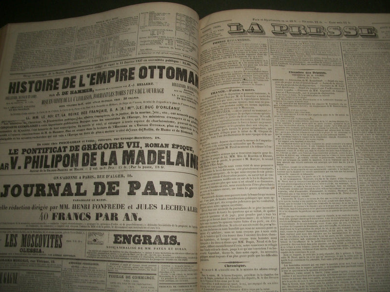 1837 JANUARY-JUNE LA PRESSE FRENCH NEWSPAPER BOUND VOLUME - SCIENCE - KD 1279I