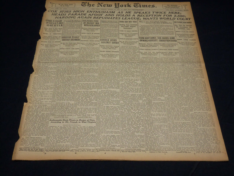 1920 AUGUST 29 NEW YORK TIMES - COX STIRS ENTHUSIASM SPEAKS TWICE - NT 8564
