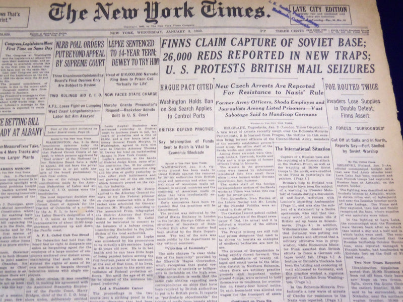 1940 JANUARY 3 NEW YORK TIMES - LEPKE SENTENCED TO 14 YEAR TERM - NT 2675
