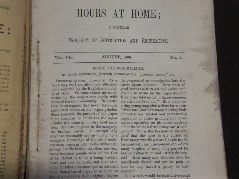 1868-1869 HOURS AT HOME MAGAZINE LOT OF 5 ISSUES - WR 1280