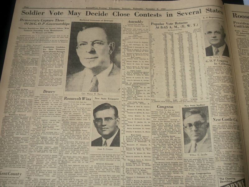 1944 NOVEMBER 8 WILMINGTON JOURNAL - ROOSEVELT CARRIES 34 STATES TO WIN- NT 7319