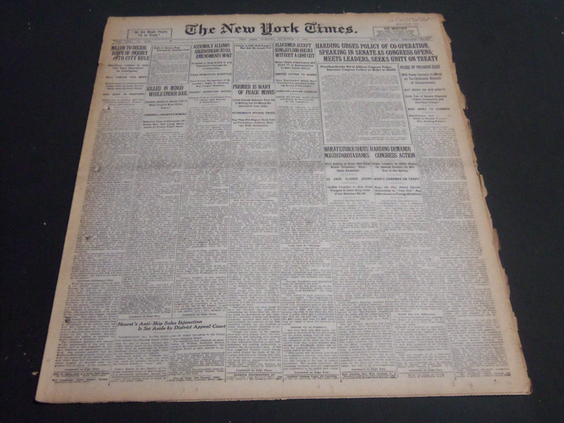 1920 DECEMBER 7 NEW YORK TIMES - HARDING URGES POLICY OF CO-OPERATION - NT 6736
