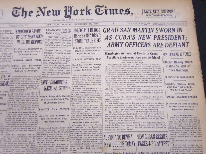 1933 SEPT 11 NEW YORK TIMES - GRAU SAN MARTIN SWORN IN AS PRESIDENT - NT 5271
