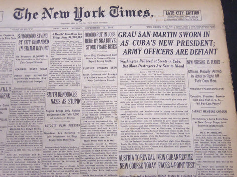 1933 SEPT 11 NEW YORK TIMES - GRAU SAN MARTIN SWORN IN AS PRESIDENT - NT 5271