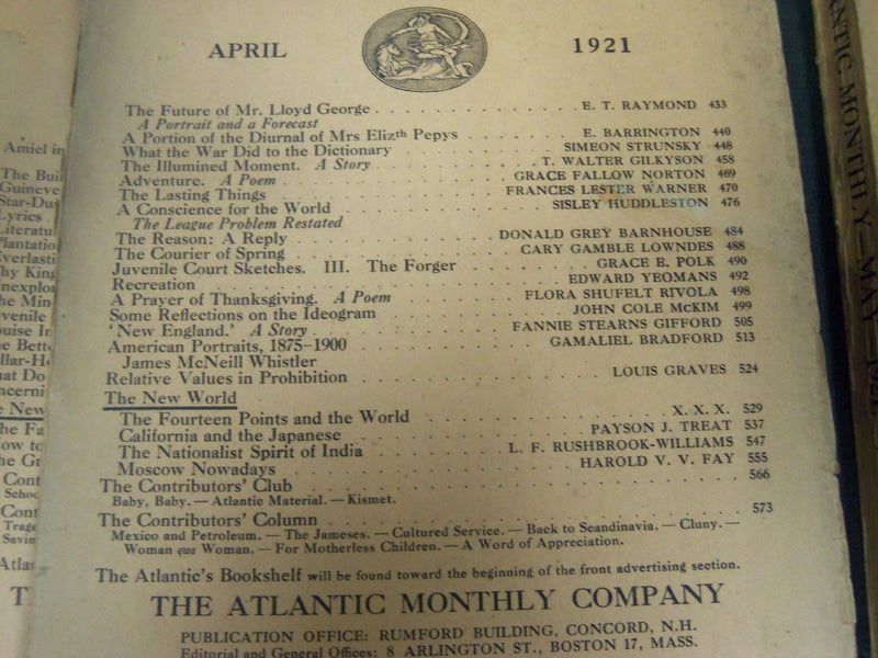 1921 THE ATLANTIC MONTHLY MAGAZINE LOT 9 ISSUES - GREAT COLOR ADS - WR 341D