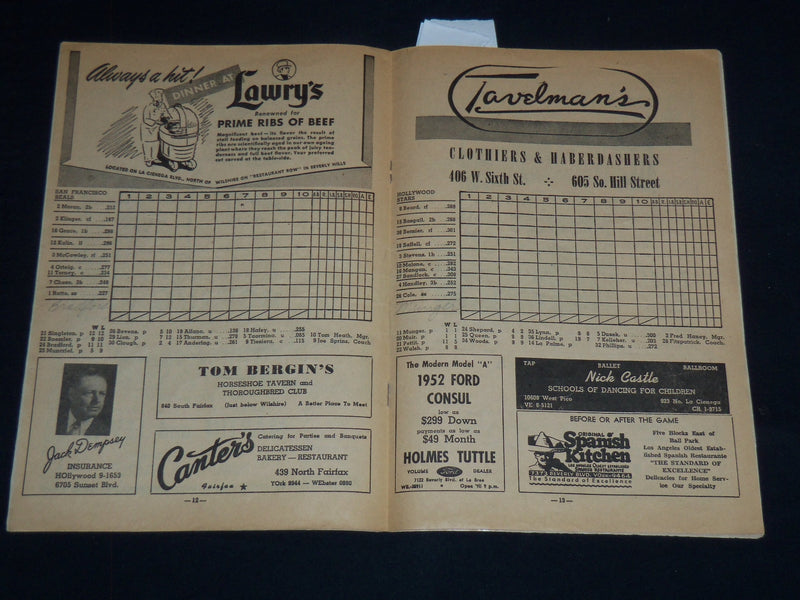 1952 HOLLYWOOD STARS SAN FRANCISCO SEALS BASEBALL OFFICIAL PROGRAM - J 8957