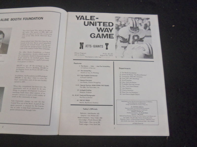 1972 AUGUST 20 YALE UNITED WAY GAME PROGRAM - N.Y. JETS VS. N.Y. GIANTS- B 6348T