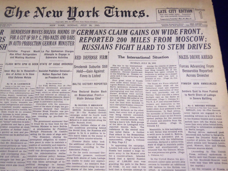 1941 JULY 20 NEW YORK TIMES - GERMANS 200 MILES FROM MOSCOW - NT 1390