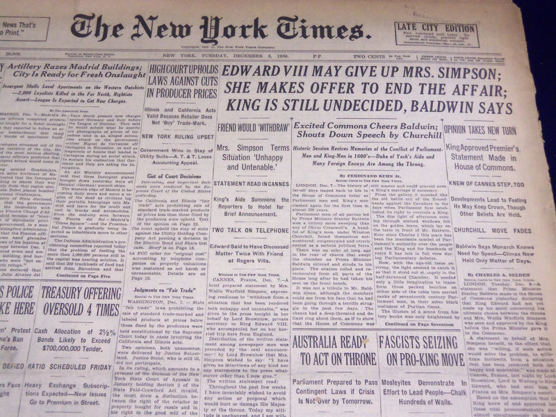 1936 DEC 8 NEW YORK TIMES - EDWARD VIII MAY GIVE UP MRS. SIMPSON - NT 2139