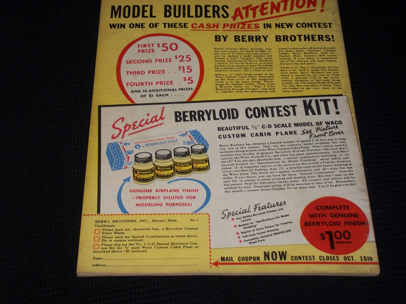 1936 OCTOBER POPULAR AVIATION MAGAZINE - WACO CUSTOM CABIN FRONT COVER - E 5352