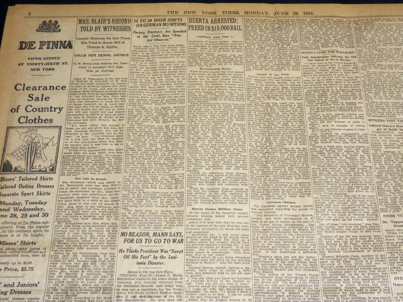 1915 JUNE 28 NEW YORK TIMES NEWSPAPER-GREAT BATTLE FOR LILLE IS A DRAW - NT 7706