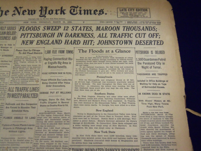 1936 MAR 19 NEW YORK TIMES - PITTSBURGH IS DELUGED, JOHNSTOWN DESERTED - NT 2128