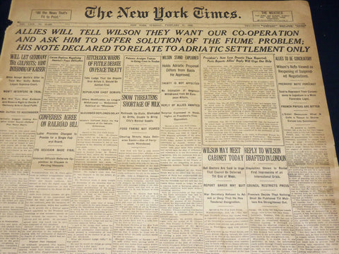 1920 FEBRUARY 17 NEW YORK TIMES NEWSPAPER- ALLIES WANT OUR CO-OPERATION- NT 7886