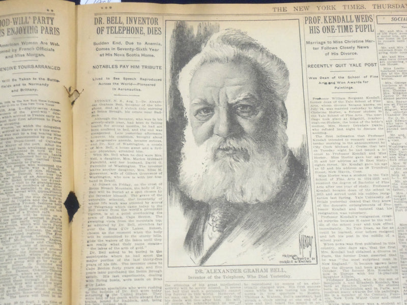 1922 AUGUST 3 NEW YORK TIMES - DR. BELL, INVENTOR OF TELEPHONE DIES - NT 8361