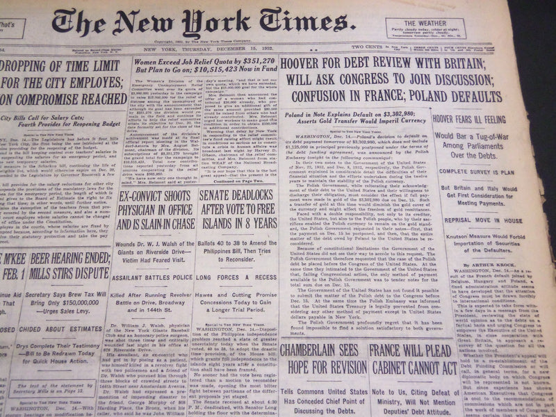 1932 DECEMBER 15 NEW YORK TIMES - HOOVER FOR DEBT REVIEW WITH BRITAIN - NT 4794