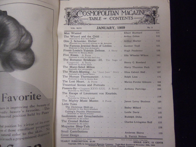 1909 JANUARY COSMOPOLITAN MAGAZINE - NICE COVER, ADS AND ARTICLES - ST 3027