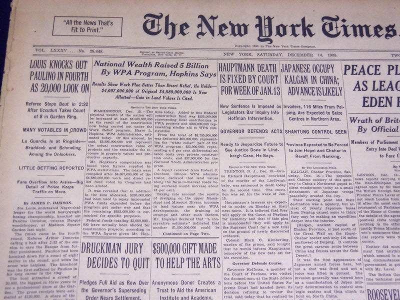 1935 DEC 15 NEW YORK TIMES - LOUIS KNOCKS OUT PAULINO IN FOURTH - NT 2021