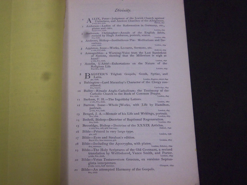1884 OCTOBER 1-2 W. O. DAVIE & COMPANY DIVINITY BOOK AUCTION CATALOG - J 5213
