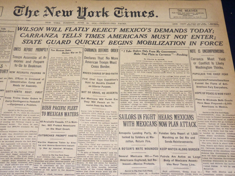 1916 JUNE 20 NEW YORK TIMES - WILSON WILL REJECT MEXICO'S DEMANDS TODAY- NT 8638