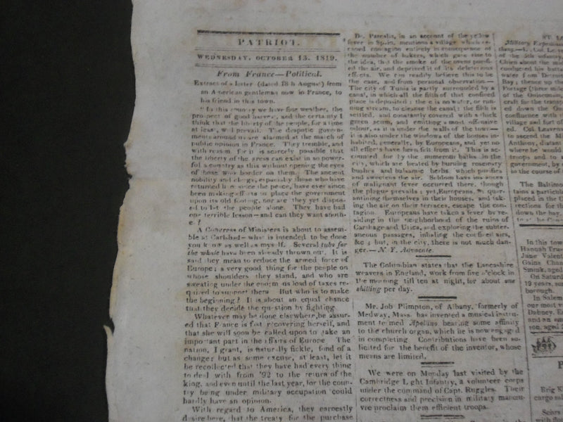 1819 & 1824 BOSTON PATRIOT NEWSPAPER LOT OF 2 - BALLARD & WRIGHT - NP 2740