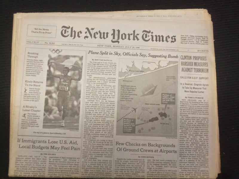 1996 JULY 29 NEW YORK TIMES NEWSPAPER -CLINTON HARSHER MEASURES TERROR - NP 7017