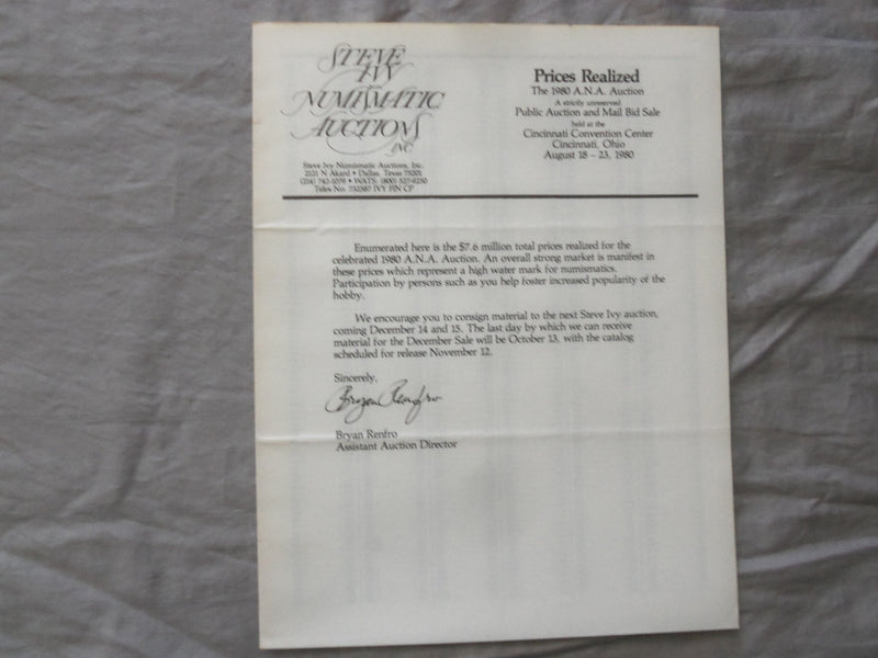 1980 STEVE IVY AMERICAN NUMISMATIC ASSOCIATION AUCTION CATALOG - K 262