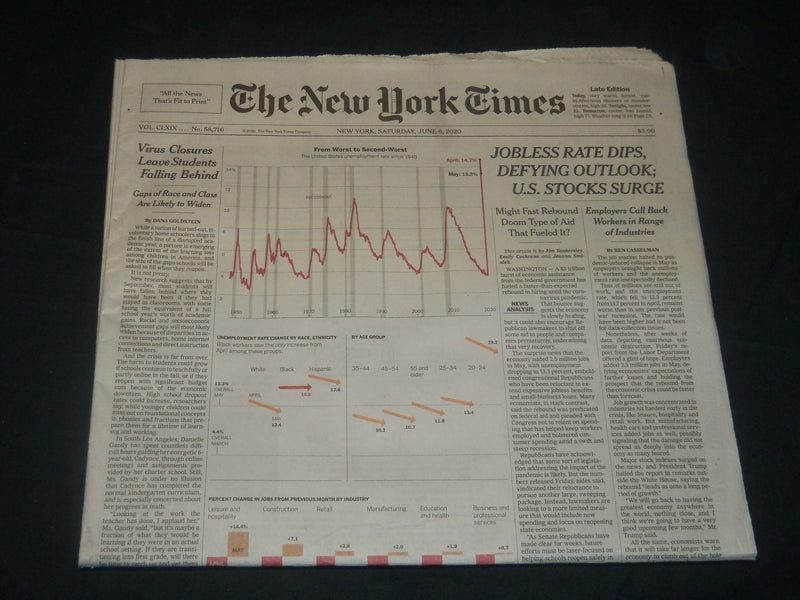 2020 JUNE 6 NEW YORK TIMES - JOBLESS RATE DIPS DEFYING OUTLOOK; U. S. STOCKS UP