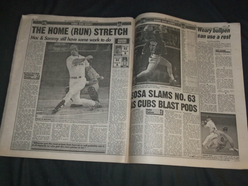 1998 SEPTEMBER 17 NEW YORK POST NEWSPAPER - SAMMY SOSA HITS HR 63 - NP 4130