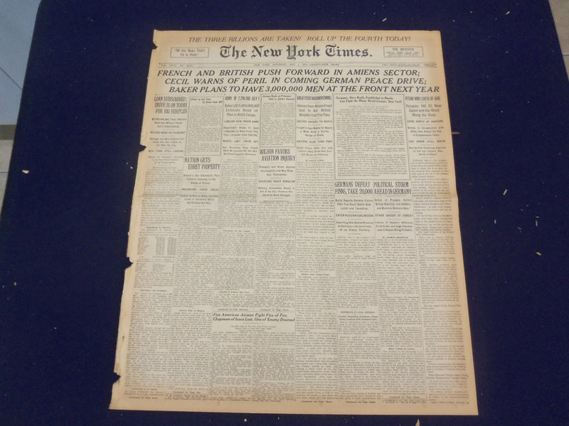 1918 MAY 4 NEW YORK TIMES - FRENCH AND BRITISH PUSH FORWARD IN AMIENS - NT 8171