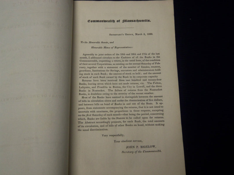 1838 BANKS IN MASSACHUSETTS ABSTRACT BOOK - SECRETARY OF COMMONWEALTH - J 4422