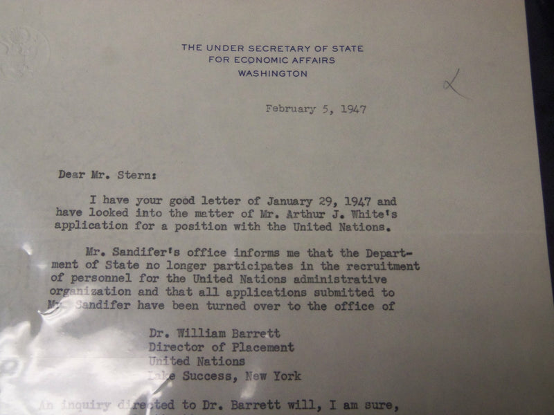 1947 W. L. CLAYTON UNDER SECRETARY OF STATE TYPED SIGNED LETTER - J 5359