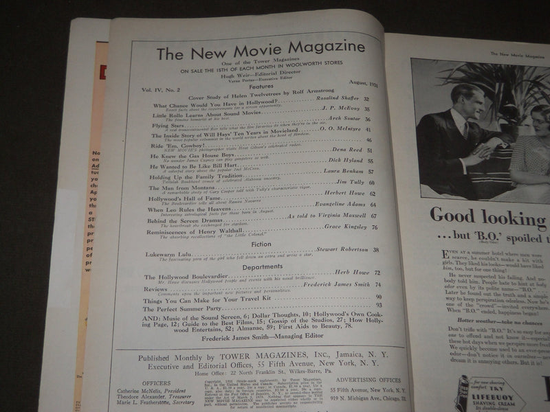 1931 AUGUST THE NEW MOVIE MAGAZINE - HELEN TWELVETREES COVER - WILL HAYS - M 37