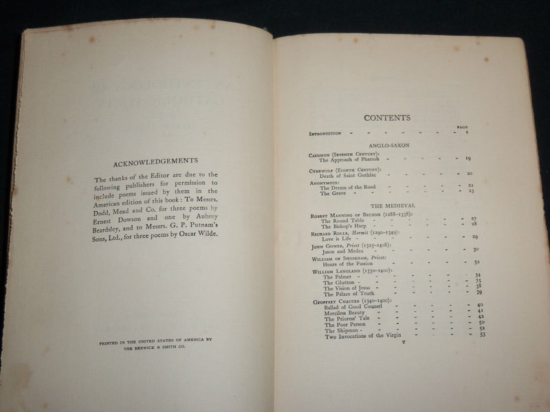 1926 AN ANTHOLOGY OF CATHOLIC POETS HARDCOVER BOOK BY SHANE LESLIE - KD 6941