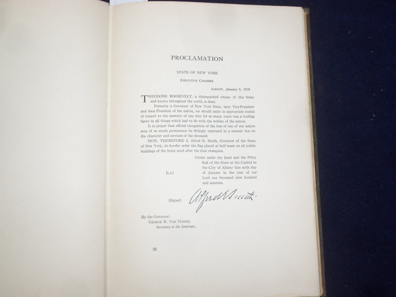 1919 A MEMORIAL TO THEODORE ROOSEVELT - STATE OF NY- HARDCOVER BOOK BY - KD 9098