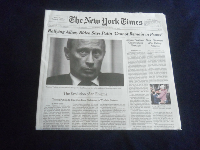 2022 MARCH 27 NEW YORK TIMES - BIDEN SAYS PUTIN 'CANNOT REMAIN IN POWER'