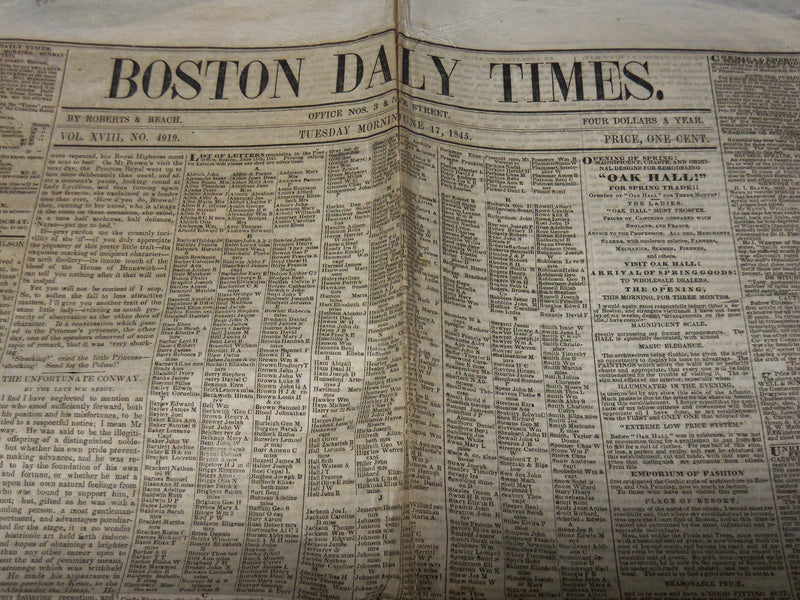 1845 JUNE 17 BOSTON DAILY TIMES NEWESPAPER - TROTTING MATCH CAMBRIDGE - NP 3878V