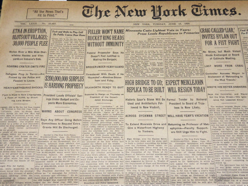 1923 JUNE 19 NEW YORK TIMES - ETNA IN ERUPTION BLOTS OUT VILLAGES - NT 8731
