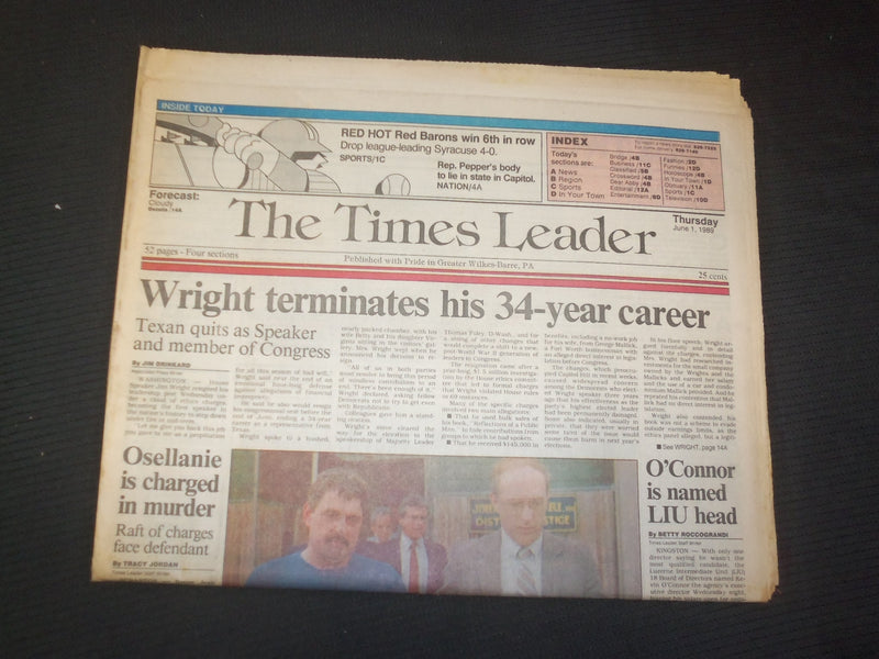 1989 JUNE 1 WILKES-BARRE TIMES LEADER - JIM WRIGHT QUITS AS SPEAKER - NP 7519