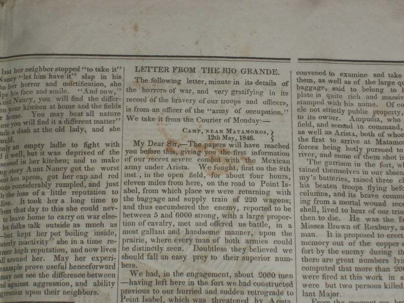 1846 JUNE 6 MASSACHUSETTS PLOUGHMAN NEWSPAPER - LETTER FROM RIO GRANDE - NP 5124