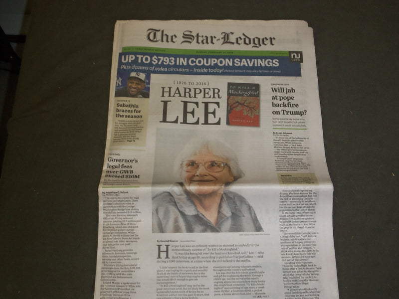 2016 FEBRUARY 21 STAR LEDGER NEWSPAPER - HARPER LEE DIED - 1926-2016