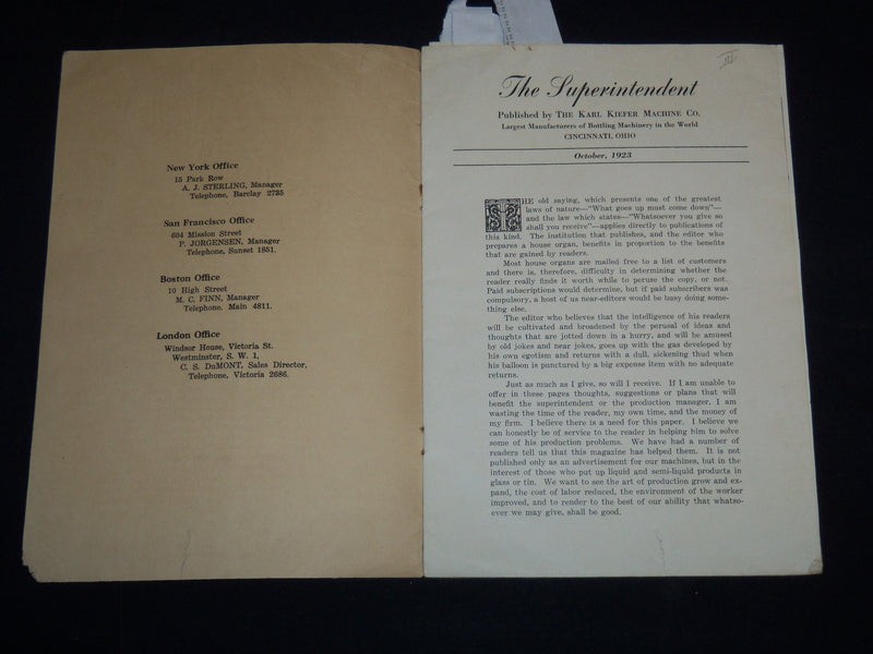 1923 OCTOBER KARL KIEFER MACHINE CO. - THE SUPERINTENDENT MAGAZINE - J 9147