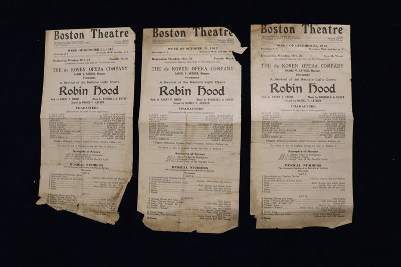 1912 ROBIN HOOD - BOSTON THEATRE - PROGRAM - LOT OF 3 - K 1647