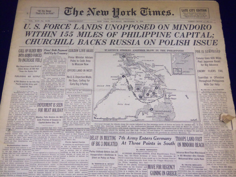 1944 DEC 16 NEW YORK TIMES - U. S FORCE LANDS UNOPPOSED ON MINDORO - NT 1793