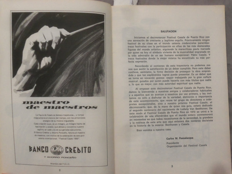 1969 FESTIVAL CASALS SOFTCOVER BOOK - SAN JUAN DE PUERTO RICO - SPANISH - K 284