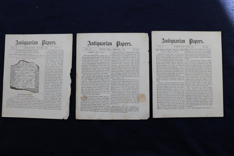 1879-1885 ANTIQUARIAN PAPERS - IPSWICH, MASSACHUSETTS - LOT OF 34 - K 780