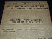 1910 APRIL 23 TROY RECORD - SIMPLE FUNERAL SERVICES FOR MARK TWAIN - NT 9573